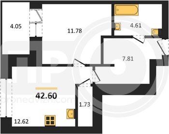 Миниатюра 1-комнатная квартира, 42.6кв.м