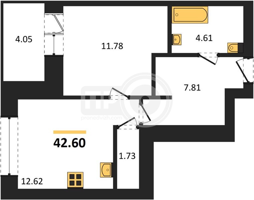 1-комнатная квартира, 42.6кв.м