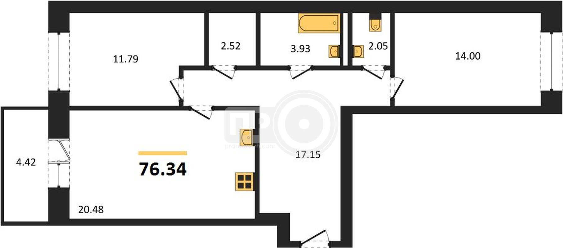 2-комнатная квартира, 76.34кв.м