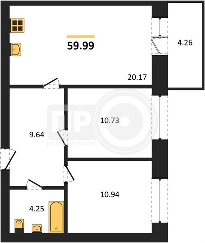 2-комнатная квартира, 59.99кв.м