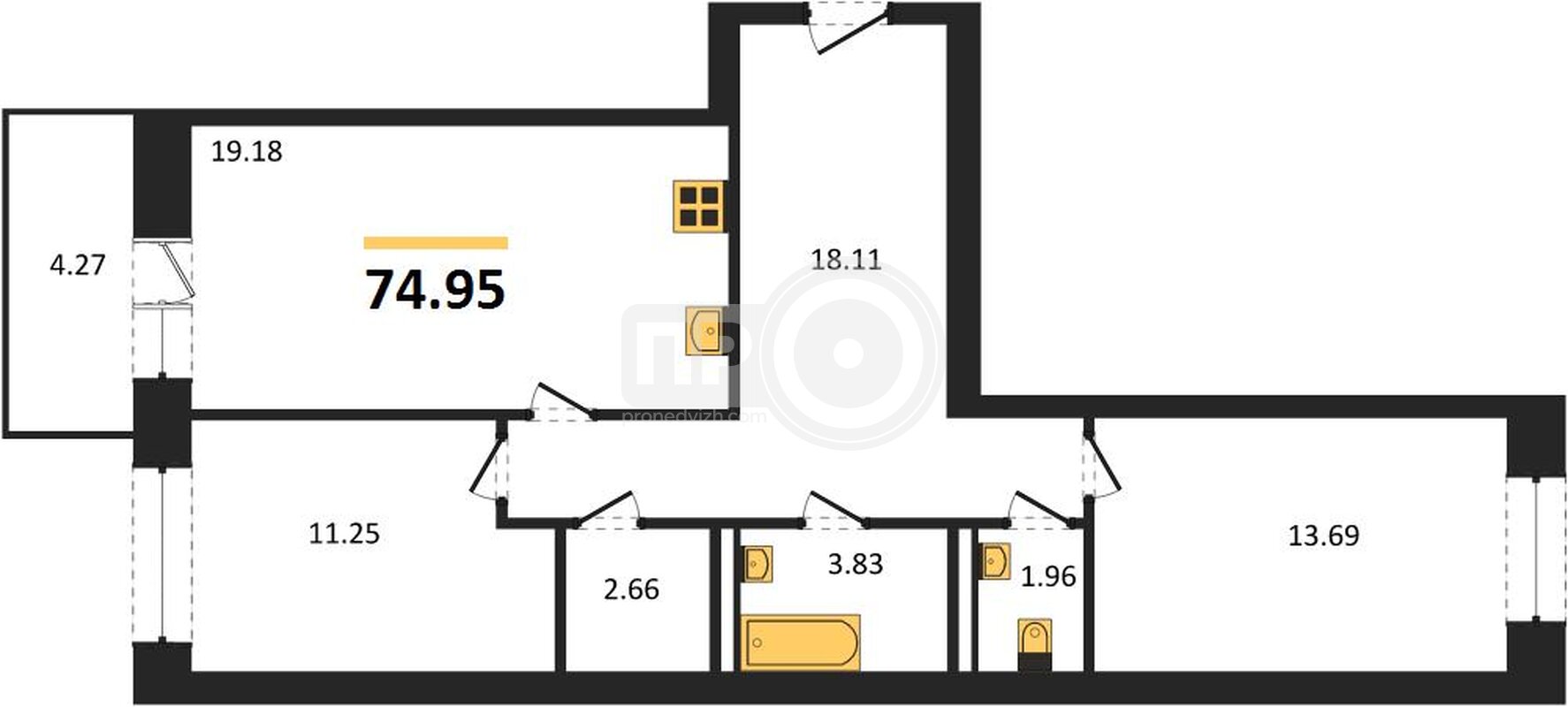 2-комнатная квартира, 74.95кв.м