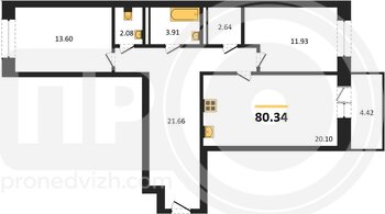 Миниатюра 2-комнатная квартира, 80.34кв.м