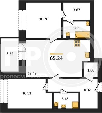 Миниатюра 2-комнатная квартира, 65.24кв.м