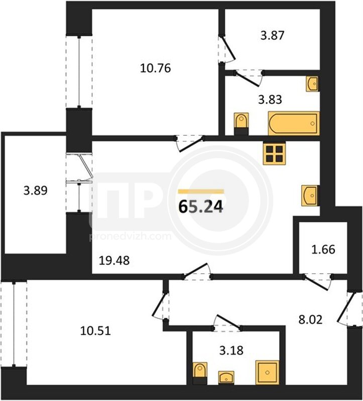 2-комнатная квартира, 65.24кв.м