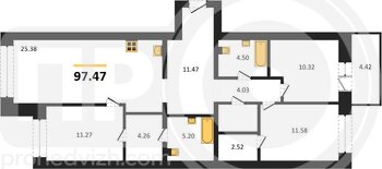 Миниатюра 3-комнатная квартира, 97.47кв.м