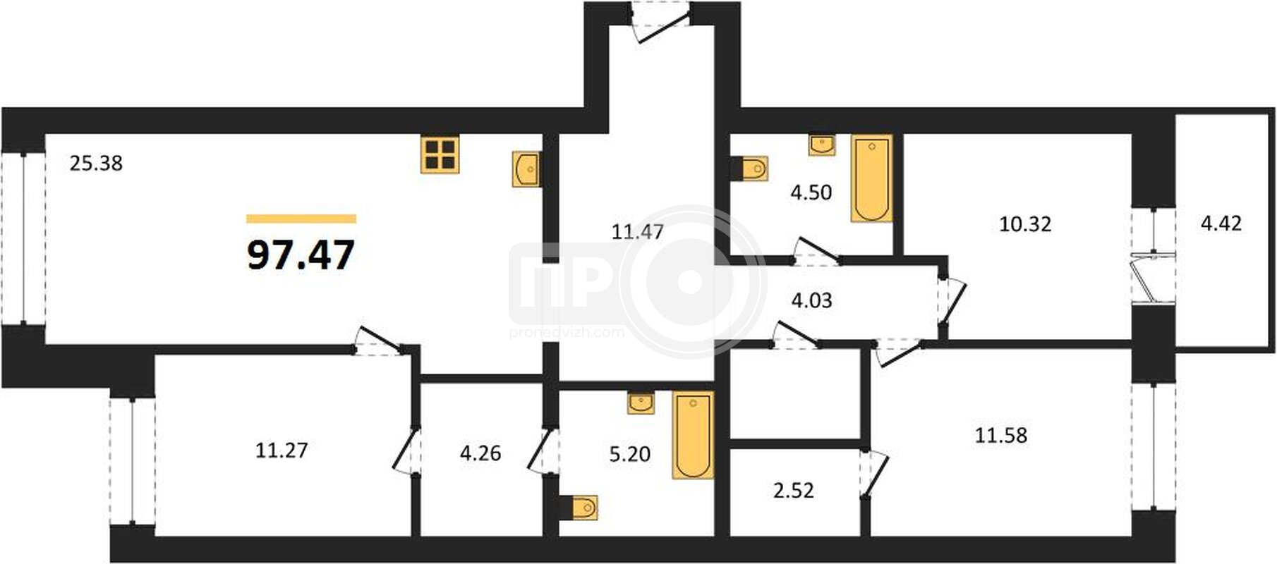 3-комнатная квартира, 97.47кв.м