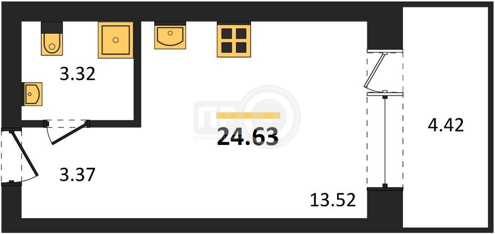 1-комнатная квартира, 24.63кв.м