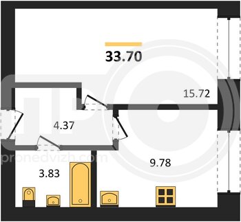 Миниатюра 1-комнатная квартира, 33.7кв.м