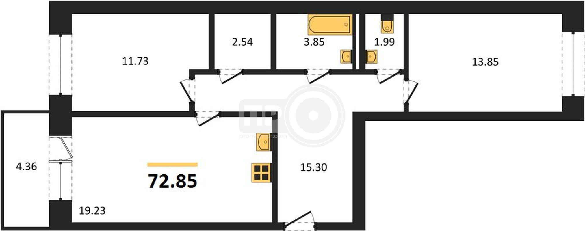 2-комнатная квартира, 72.85кв.м