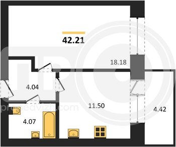 Миниатюра 1-комнатная квартира, 42.21кв.м
