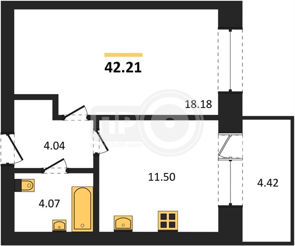 1-комнатная квартира, 42.21кв.м