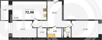 Миниатюра 2-комнатная квартира, 72.98кв.м