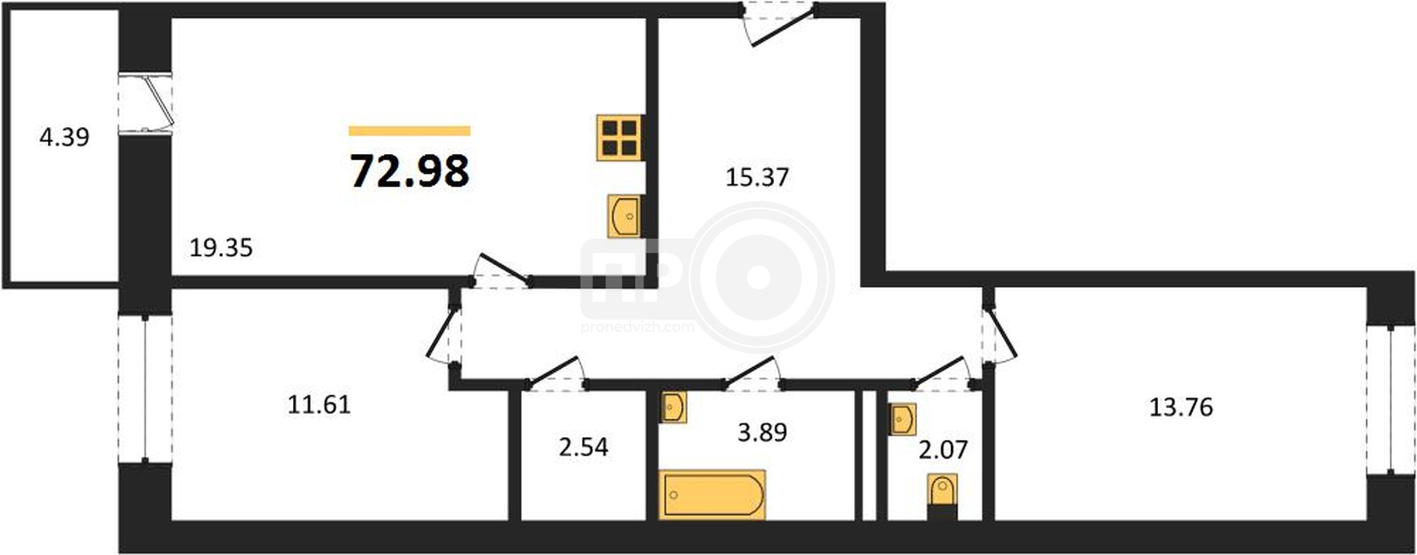 2-комнатная квартира, 72.98кв.м
