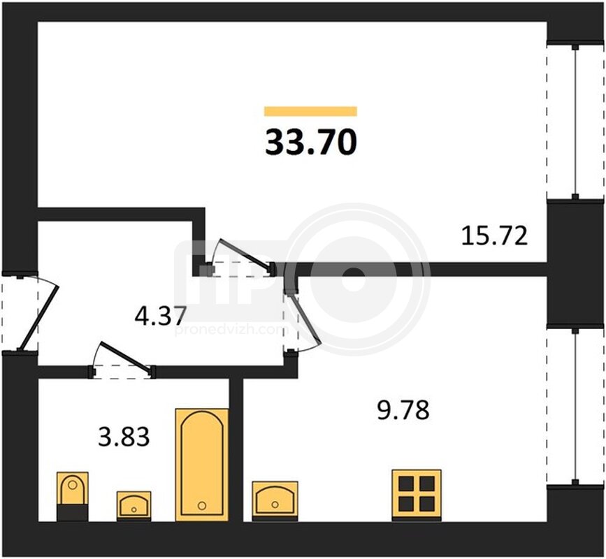 1-комнатная квартира, 33.7кв.м