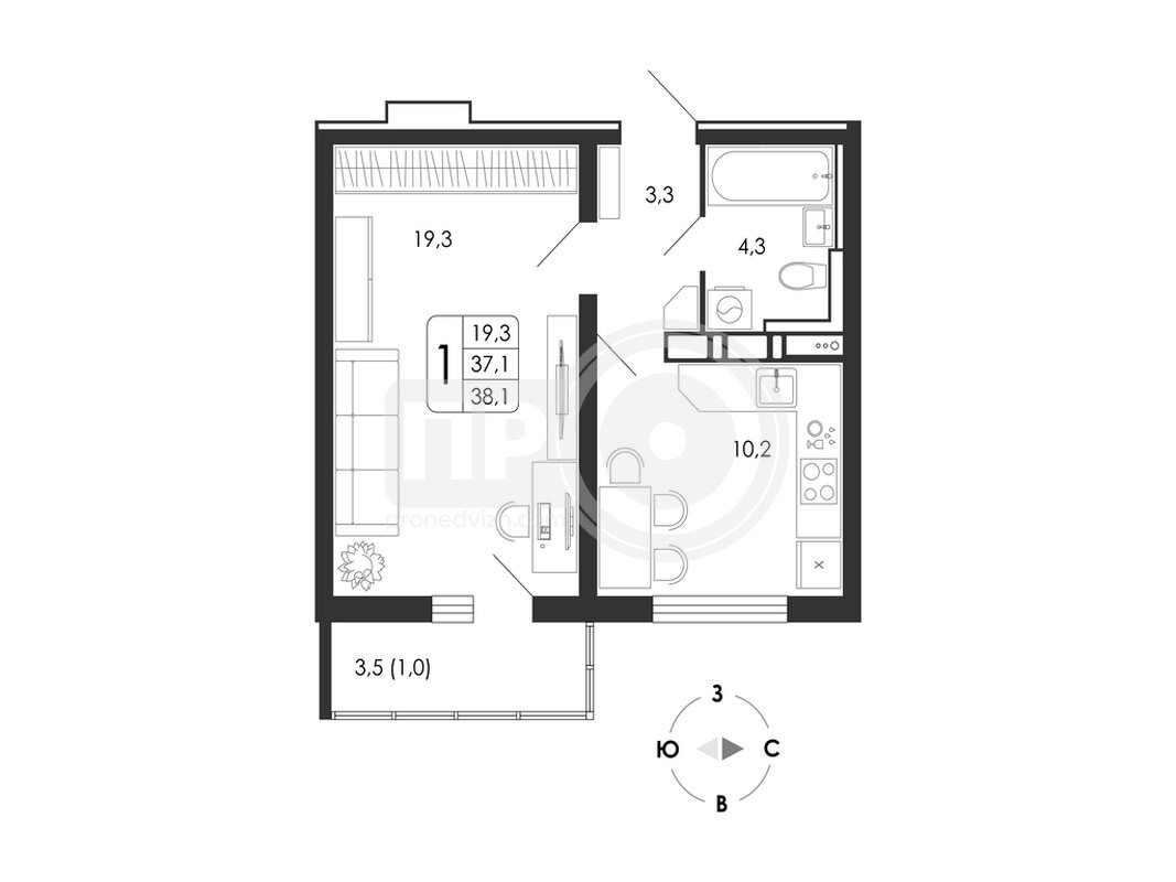 1-комнатная квартира, 38.1кв.м
