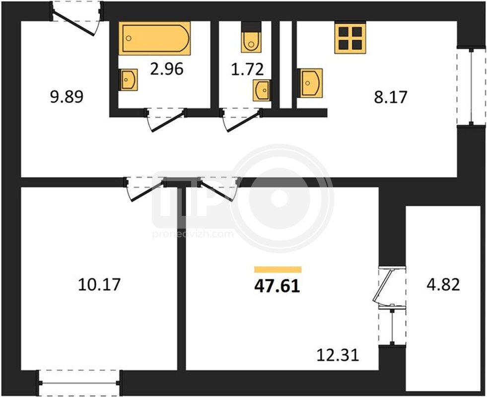 2-комнатная квартира, 47.61кв.м