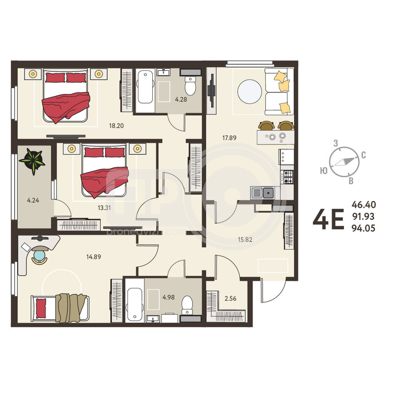 3-комнатная квартира, 94.05кв.м