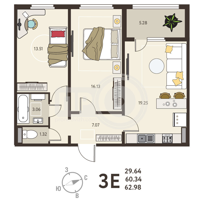 2-комнатная квартира, 62.98кв.м