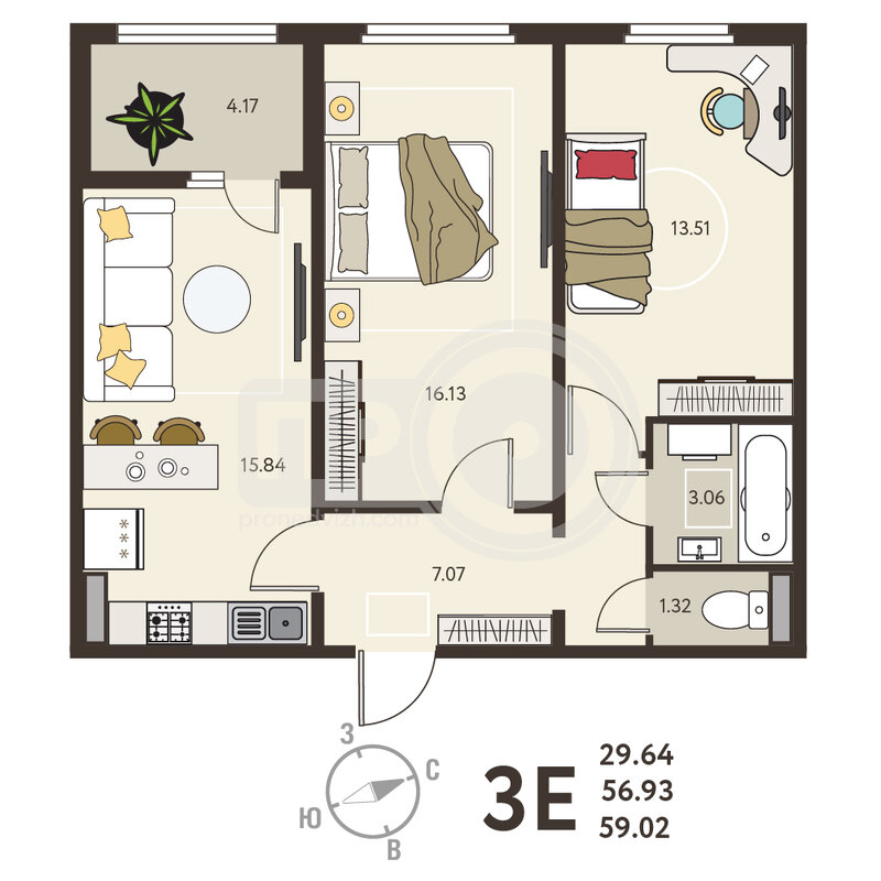 2-комнатная квартира, 59.02кв.м
