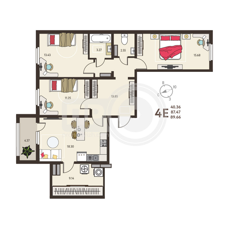 3-комнатная квартира, 89.66кв.м