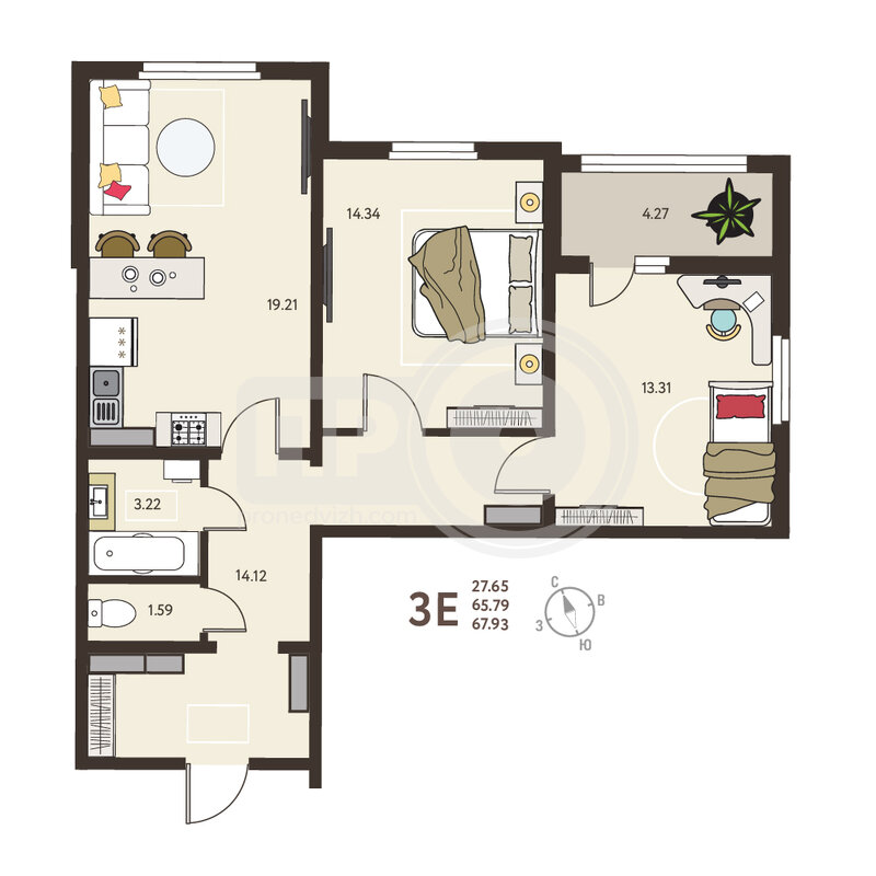2-комнатная квартира, 67.93кв.м