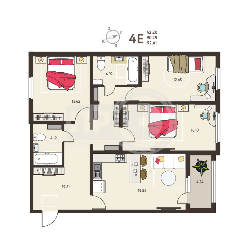 3-комнатная квартира, 92.41кв.м