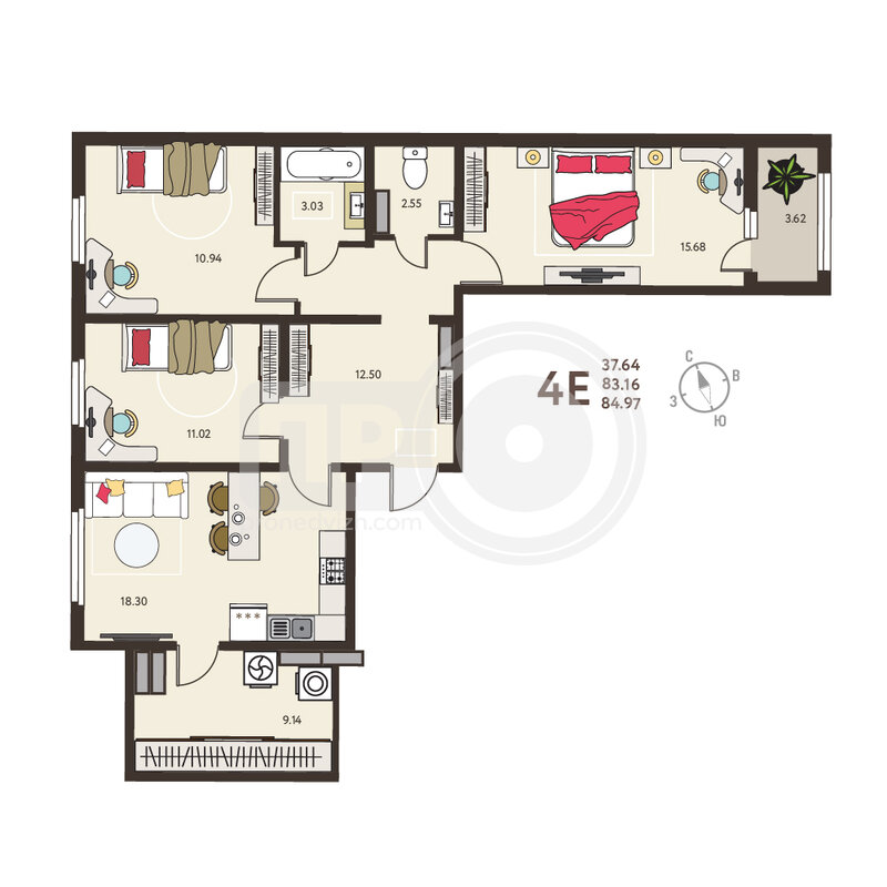 3-комнатная квартира, 84.97кв.м