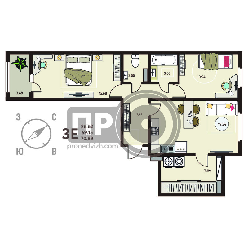 2-комнатная квартира, 70.89кв.м