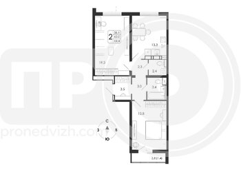 Миниатюра 2-комнатная квартира, 64.4кв.м