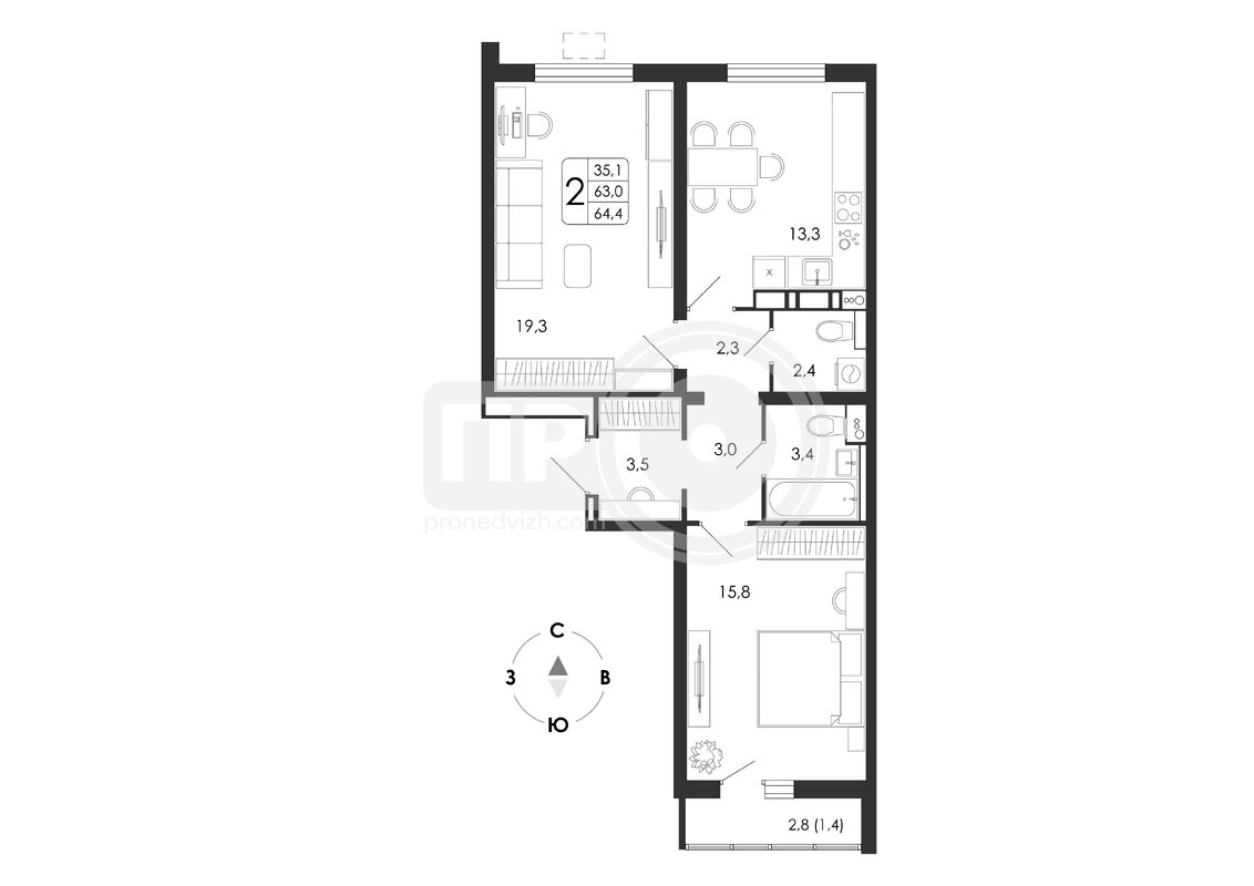2-комнатная квартира, 64.4кв.м