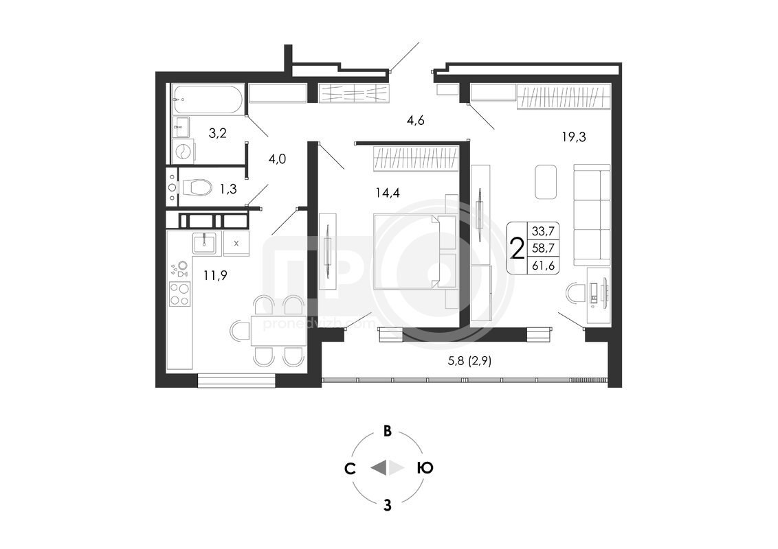 2-комнатная квартира, 61.6кв.м