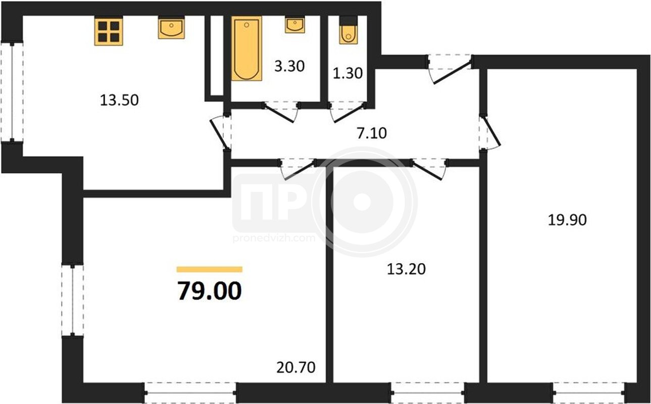 3-комнатная квартира, 79кв.м