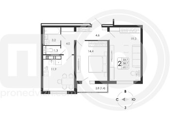 Миниатюра 2-комнатная квартира, 60.1кв.м