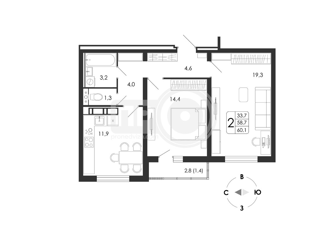 2-комнатная квартира, 60.1кв.м