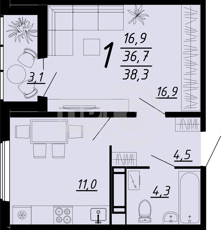 1-комнатная квартира, 38.3кв.м