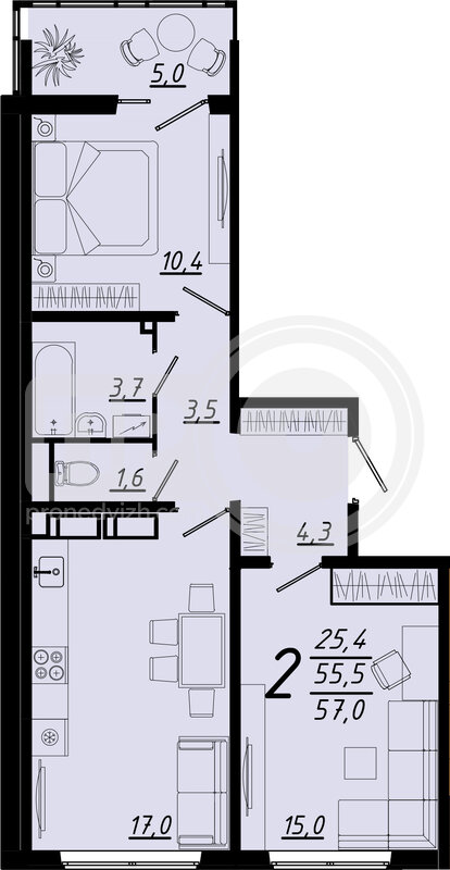 2-комнатная квартира, 57кв.м