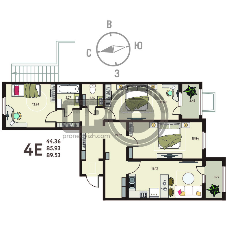 3-комнатная квартира, 89.53кв.м