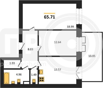 Миниатюра 2-комнатная квартира, 65.71кв.м