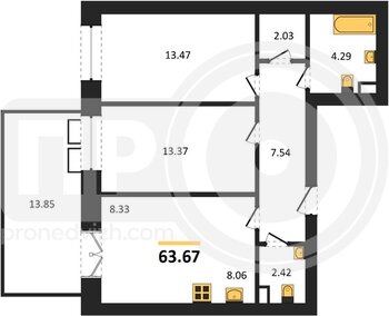 Миниатюра 2-комнатная квартира, 63.67кв.м