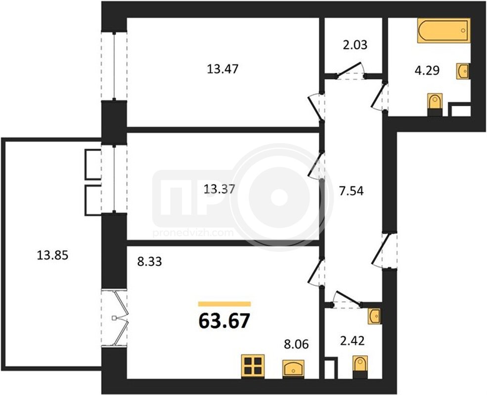 2-комнатная квартира, 63.67кв.м
