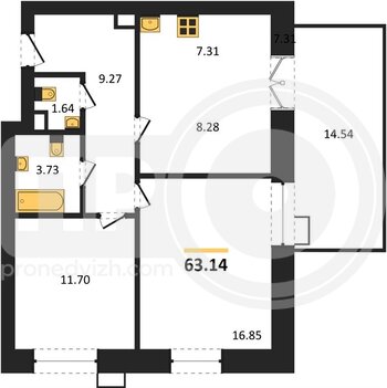 Миниатюра 2-комнатная квартира, 63.14кв.м