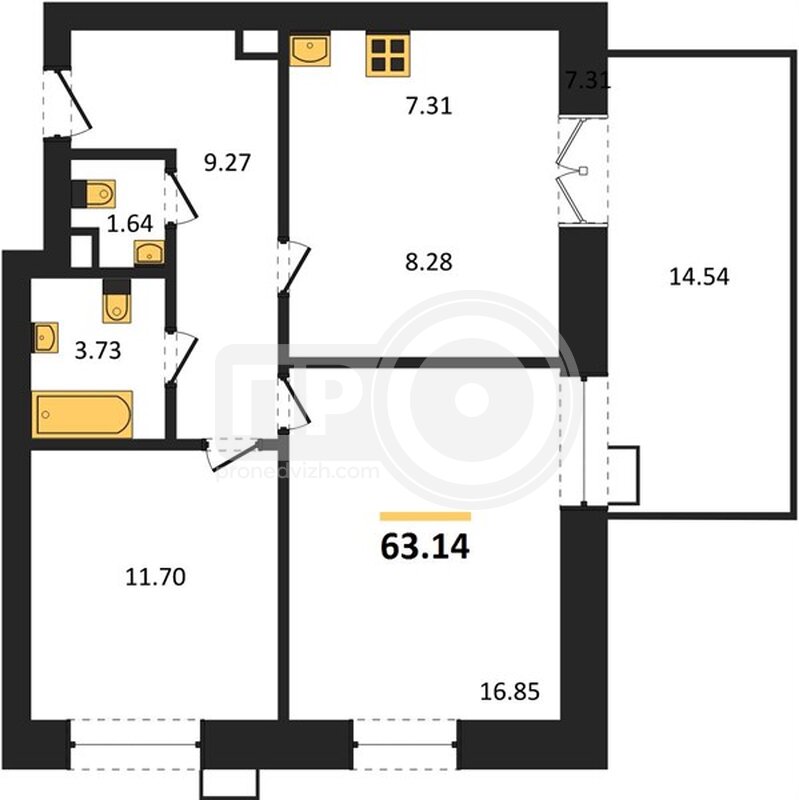 2-комнатная квартира, 63.14кв.м