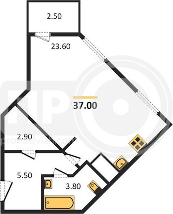 Миниатюра 1-комнатная квартира, 37кв.м