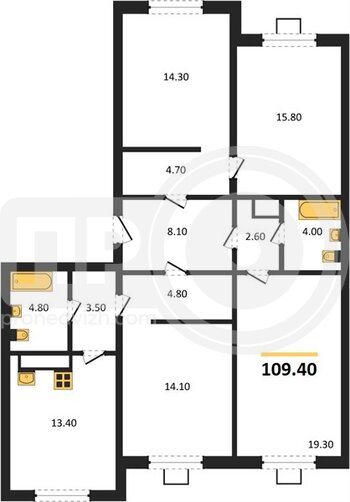 Миниатюра 4-комнатная квартира, 109.4кв.м