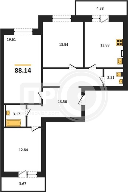 3-комнатная квартира, 88.14кв.м