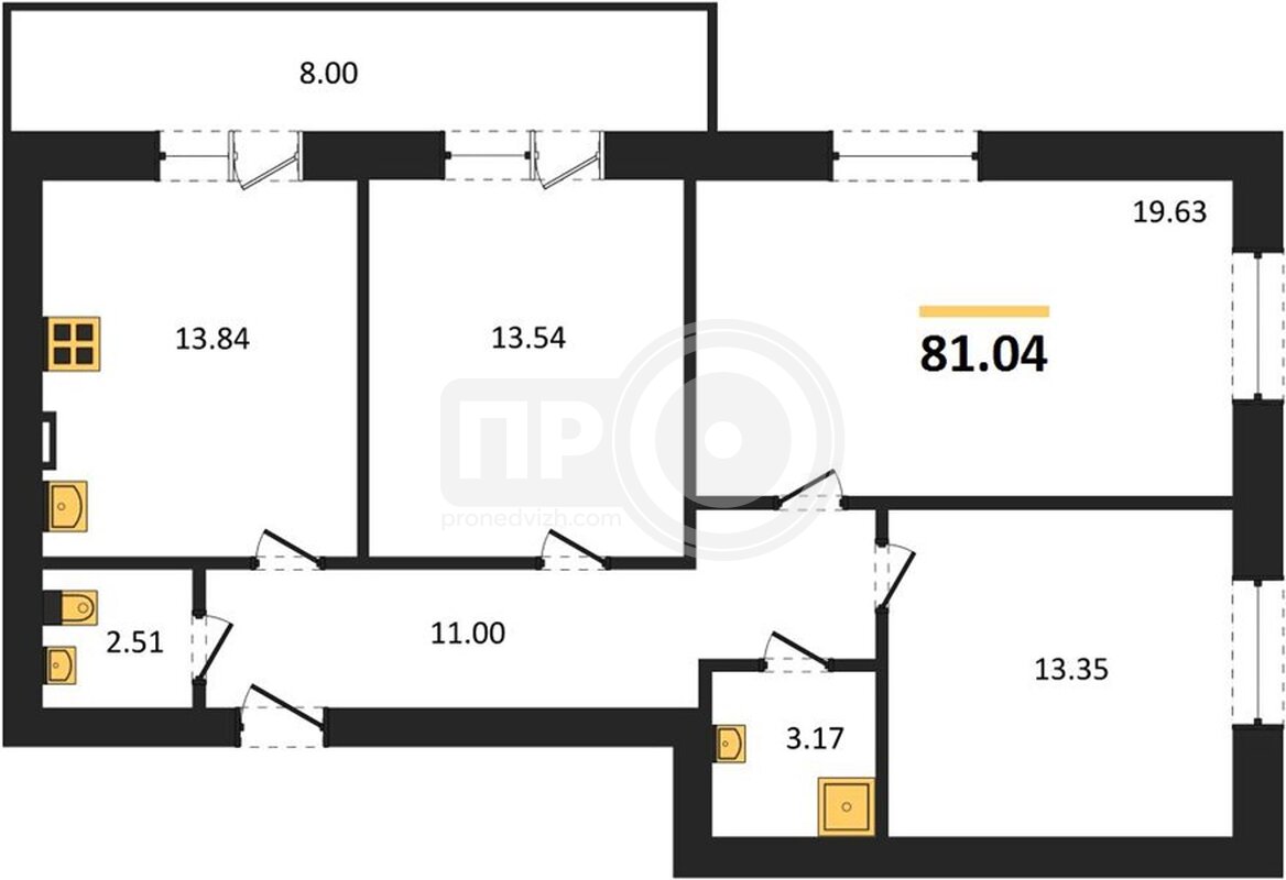 3-комнатная квартира, 81.04кв.м