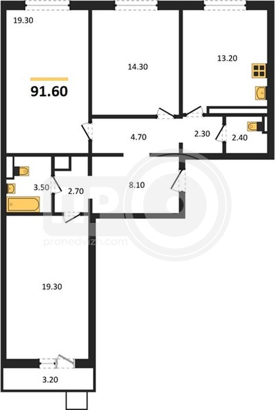 3-комнатная квартира, 91.6кв.м