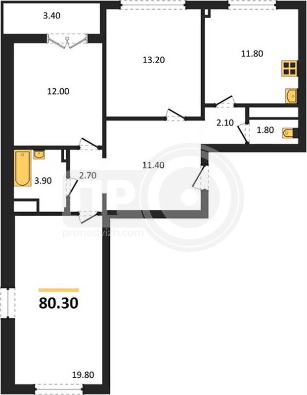3-комнатная квартира, 80.3кв.м