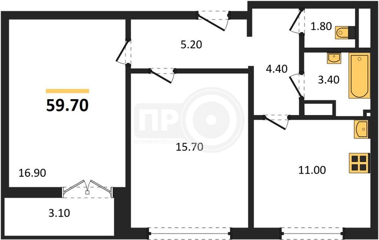 2-комнатная квартира, 59.7кв.м
