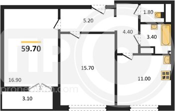 Миниатюра 2-комнатная квартира, 59.7кв.м
